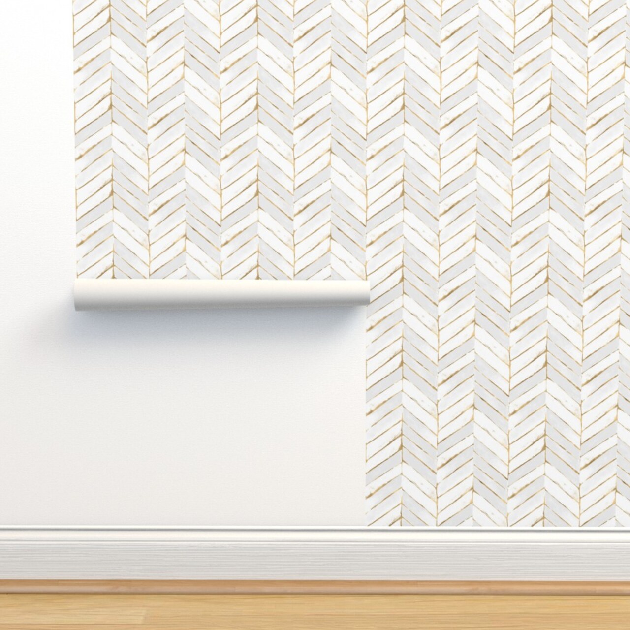 Chevron Painted White Gold Stripe Herringbone Mod Golden Print Look Custom Removable Wallpaper by Spoonflower Peel & Stick Wallpaper 2FT Wide